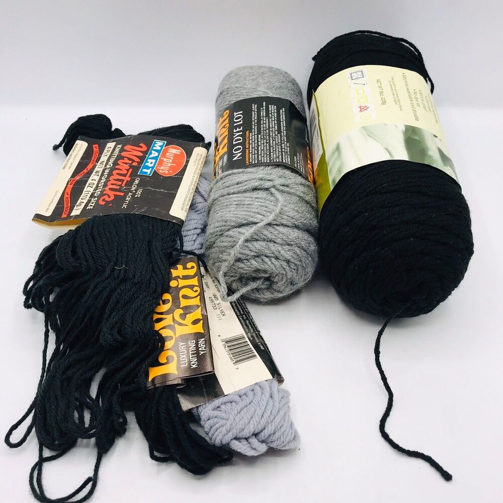 Assorted Small Lot of Acrylic Yarn in Shades Of Black and Gray 12 Ounces